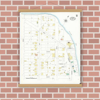 Old map wall art mockup — magnetic wood frame on brick wall — Sanborn Fire Insurance Map from Sabula, Jackson County, Iowa (1905), Sheet #0002