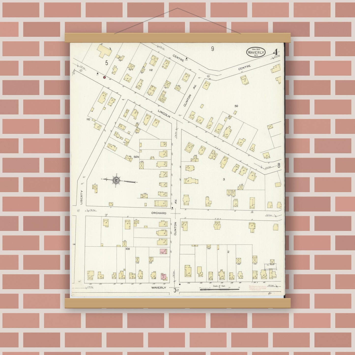 Old map wall art mockup — magnetic wood frame on brick wall — Sanborn Fire Insurance Map from Waverly, Tioga County, New York (1914), Sheet #0004