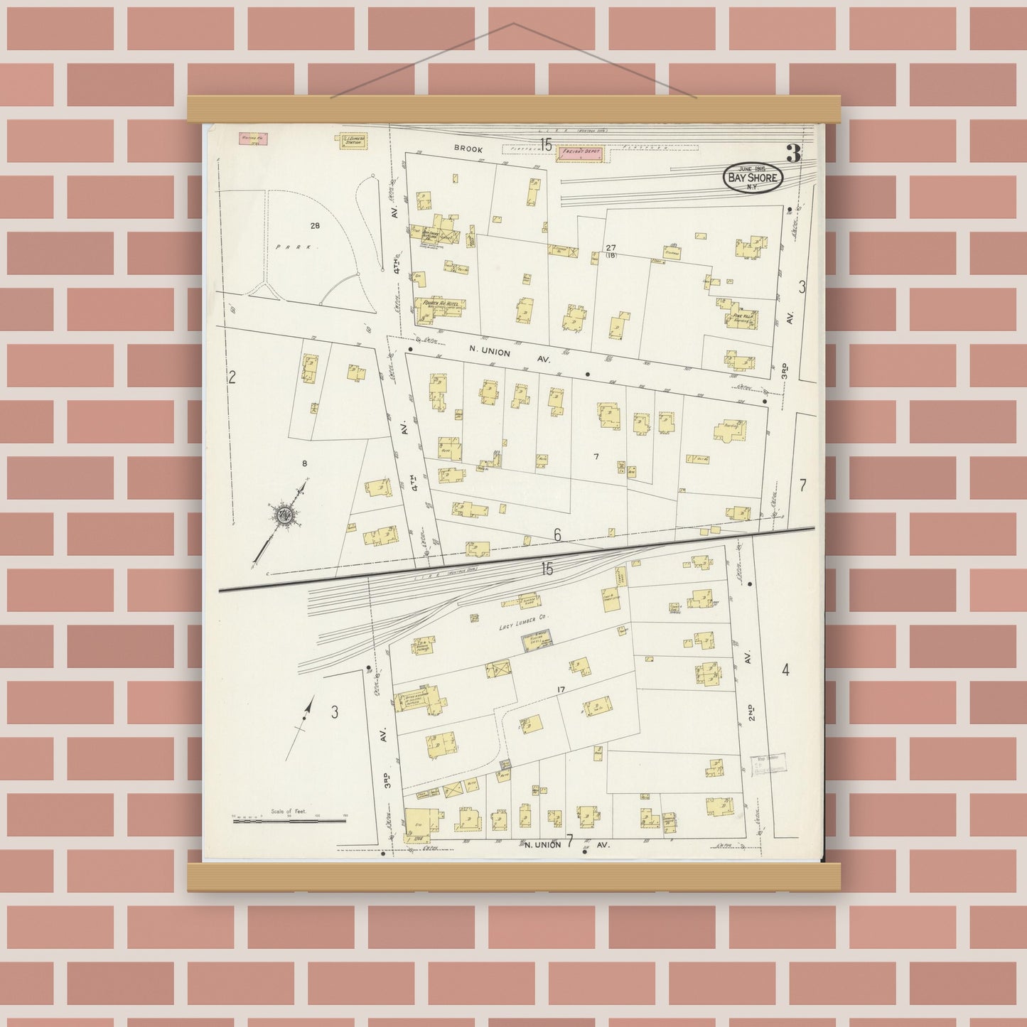 Old map wall art mockup — magnetic wood frame on brick wall — Sanborn Fire Insurance Map from Bay Shore, Suffolk County, New York (1915), Sheet #0003