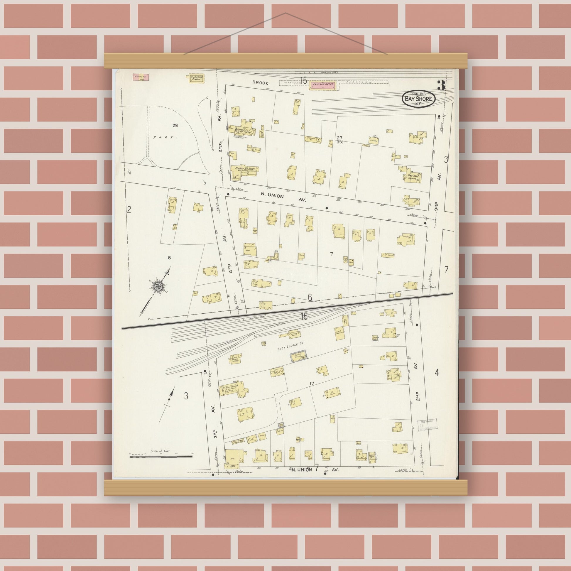 Old map wall art mockup — magnetic wood frame on brick wall — Sanborn Fire Insurance Map from Bay Shore, Suffolk County, New York (1915), Sheet #0003