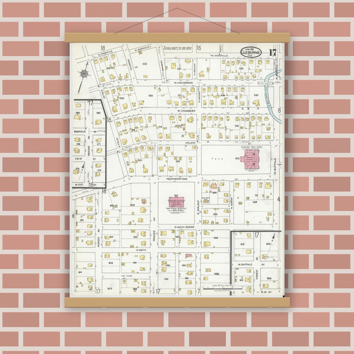 Old map wall art mockup — magnetic wood frame on brick wall — Sanborn Fire Insurance Map from Cleburne, Johnson County, Texas (1918), Sheet #0017