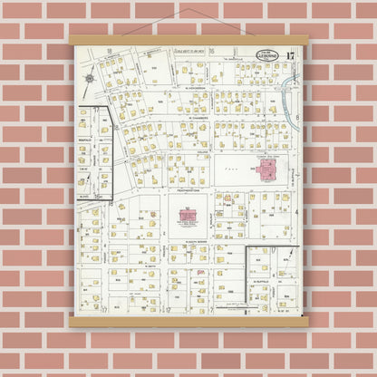 Old map wall art mockup — magnetic wood frame on brick wall — Sanborn Fire Insurance Map from Cleburne, Johnson County, Texas (1918), Sheet #0017