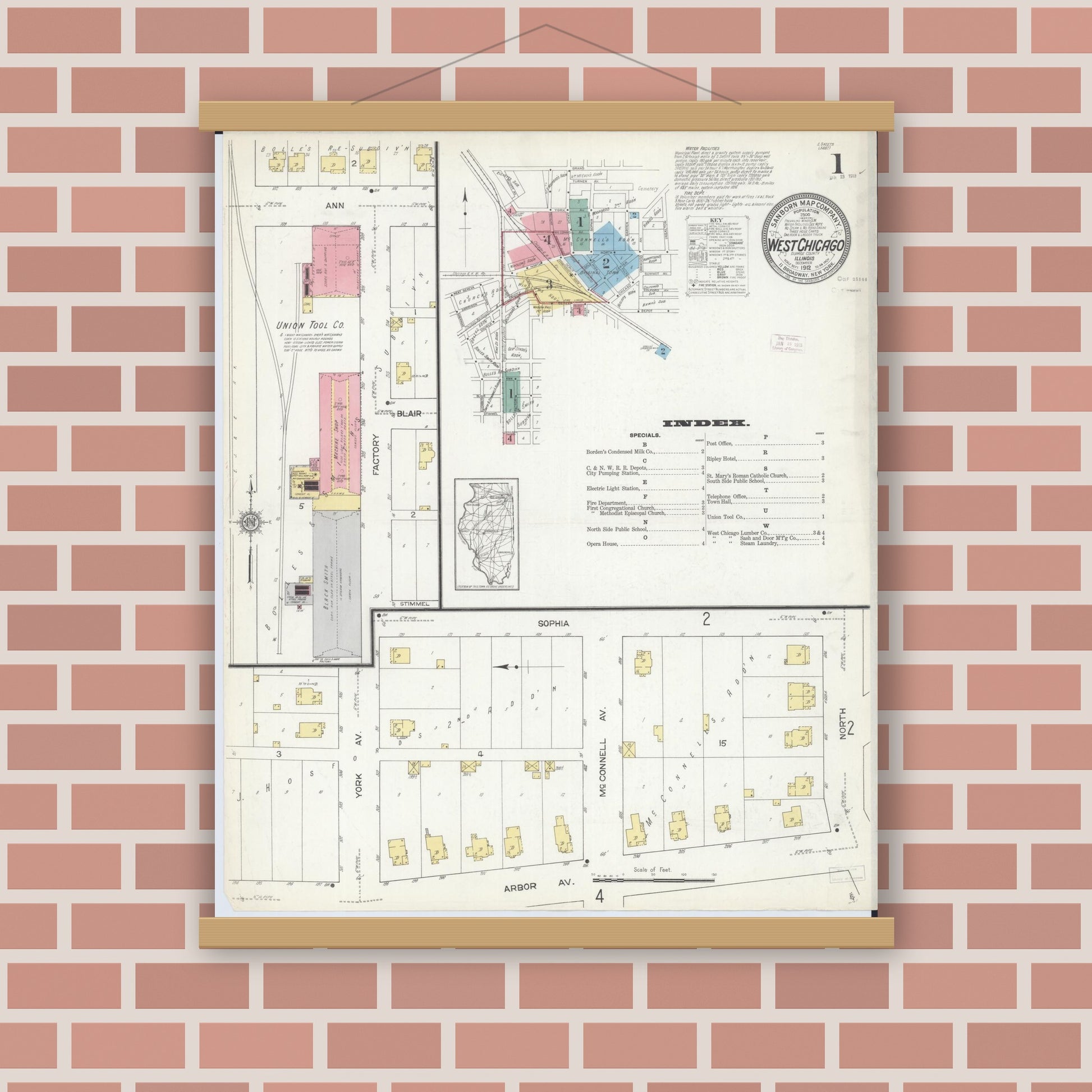 Old map wall art mockup — magnetic wood frame on brick wall — Sanborn Fire Insurance Map from West Chicago, Du Page County, Illinois (1912), Sheet #0001