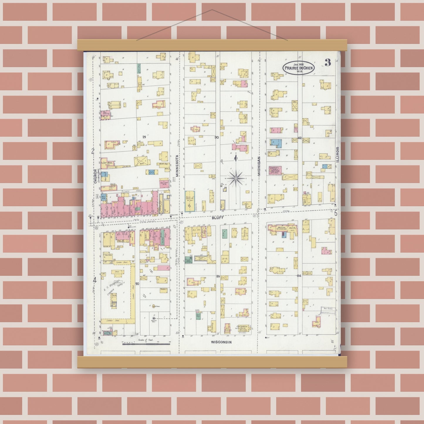 Old map wall art mockup — magnetic wood frame on brick wall — Sanborn Fire Insurance Map from Prairie du Chien, Crawford County, Wisconsin (1905), Sheet #0003