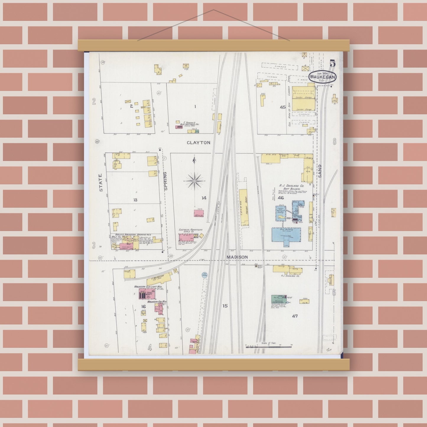 Old map wall art mockup — magnetic wood frame on brick wall — Sanborn Fire Insurance Map from Waukegan, Lake County, Illinois (1894), Sheet #0005