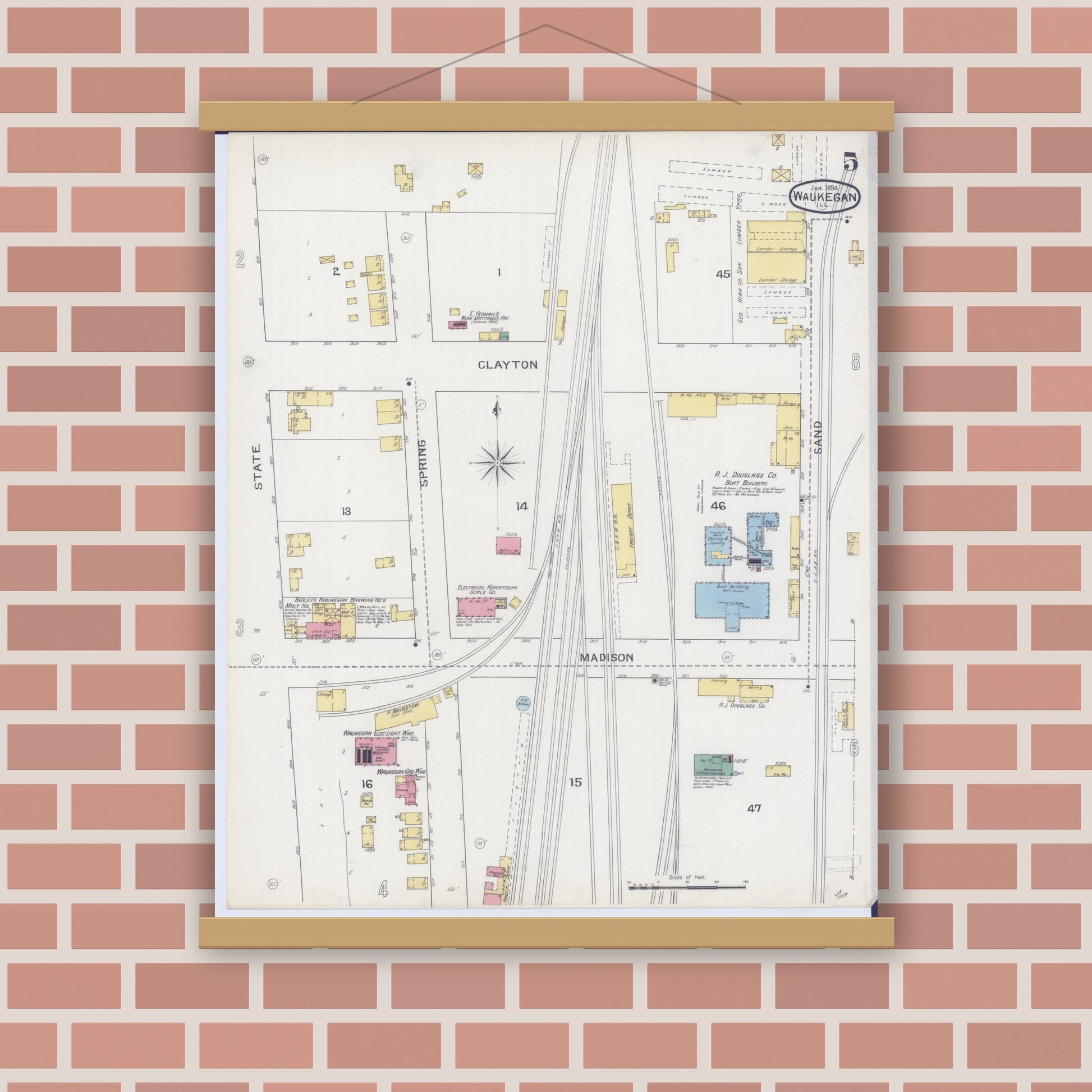 Old map wall art mockup — magnetic wood frame on brick wall — Sanborn Fire Insurance Map from Waukegan, Lake County, Illinois (1894), Sheet #0005