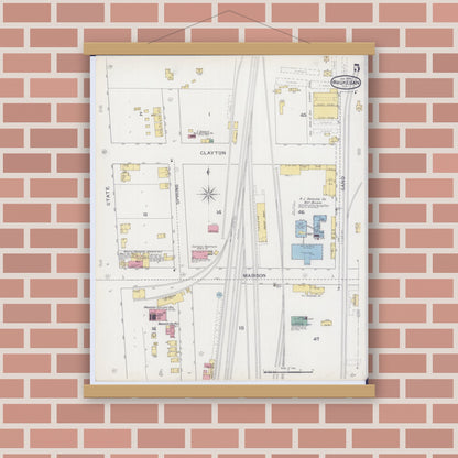 Old map wall art mockup — magnetic wood frame on brick wall — Sanborn Fire Insurance Map from Waukegan, Lake County, Illinois (1894), Sheet #0005