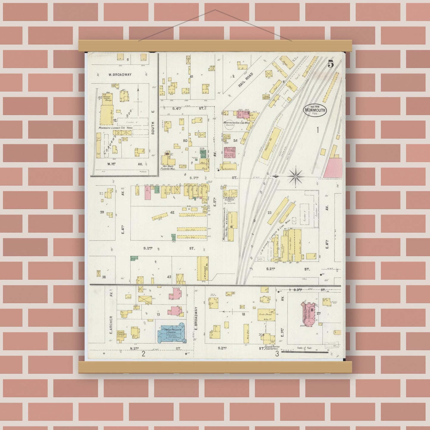 Old map wall art mockup — magnetic wood frame on brick wall — Sanborn Fire Insurance Map from Monmouth, Warren County, Illinois (1898), Sheet #0005