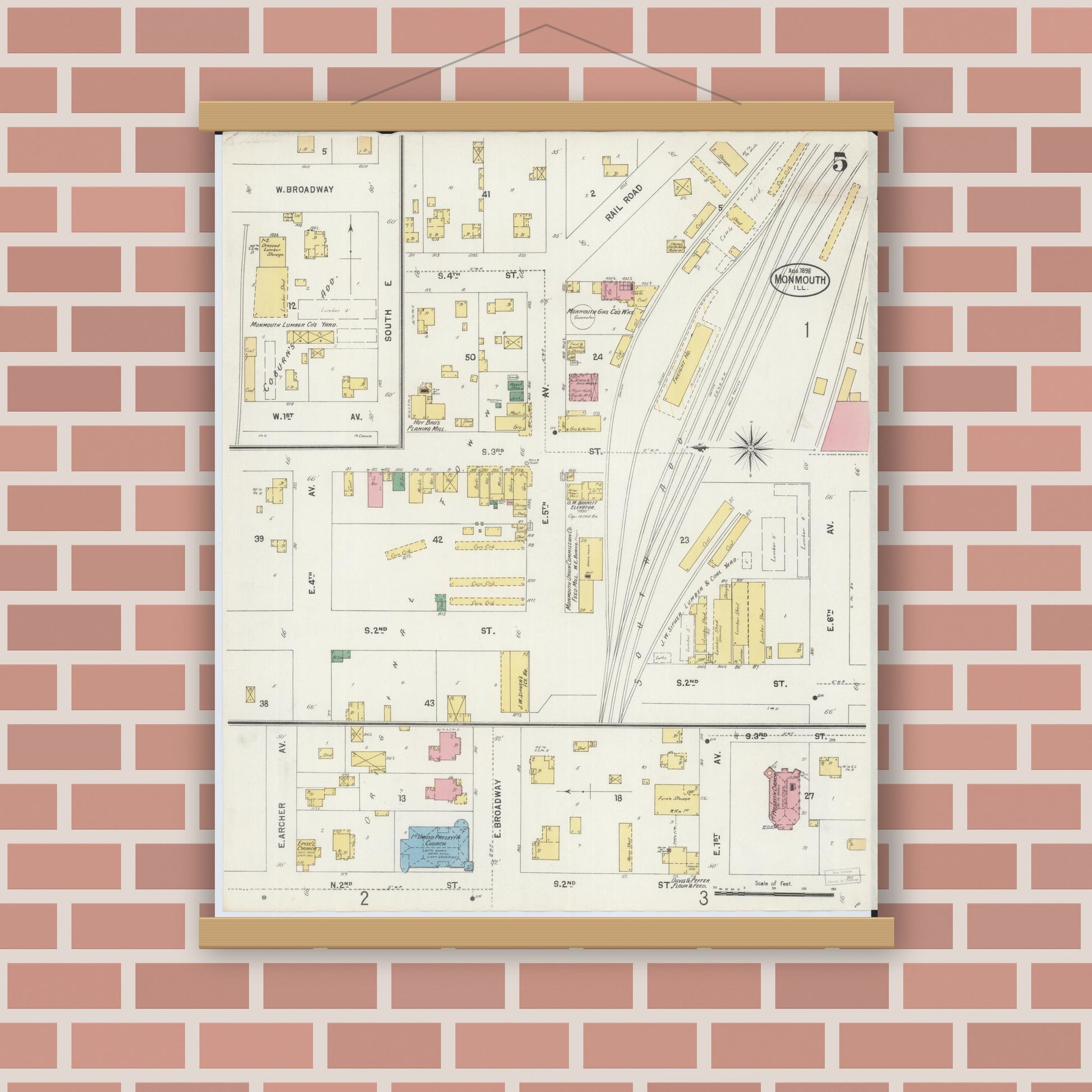 Old map wall art mockup — magnetic wood frame on brick wall — Sanborn Fire Insurance Map from Monmouth, Warren County, Illinois (1898), Sheet #0005