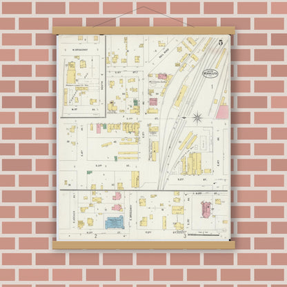 Old map wall art mockup — magnetic wood frame on brick wall — Sanborn Fire Insurance Map from Monmouth, Warren County, Illinois (1898), Sheet #0005