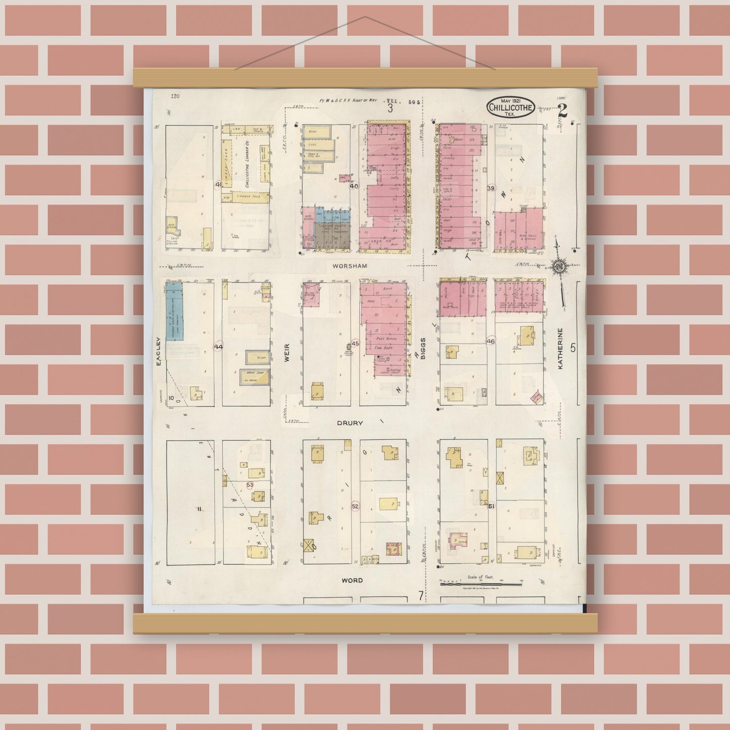 Old map wall art mockup — magnetic wood frame on brick wall — Sanborn Fire Insurance Map from Chillicothe, Hardeman County, Texas (1941), Sheet #0002