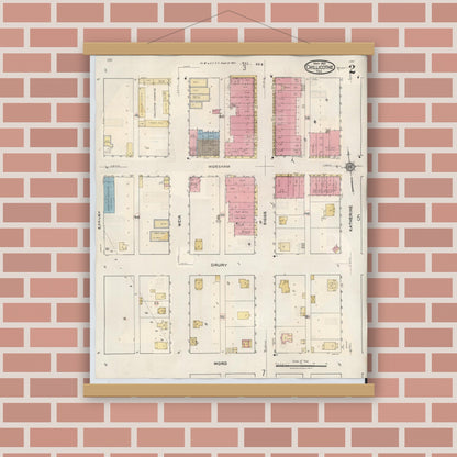 Old map wall art mockup — magnetic wood frame on brick wall — Sanborn Fire Insurance Map from Chillicothe, Hardeman County, Texas (1941), Sheet #0002