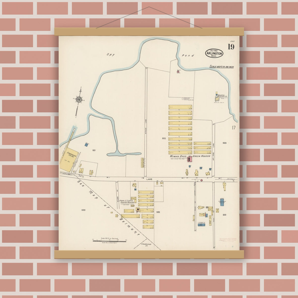 Old map wall art mockup — magnetic wood frame on brick wall — Sanborn Fire Insurance Map from Arlington, Middlesex County, Massachusetts (1922), Sheet #0019