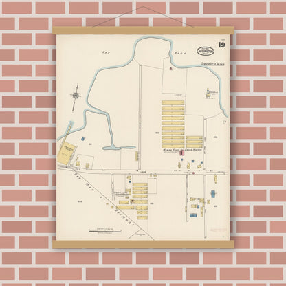 Old map wall art mockup — magnetic wood frame on brick wall — Sanborn Fire Insurance Map from Arlington, Middlesex County, Massachusetts (1922), Sheet #0019