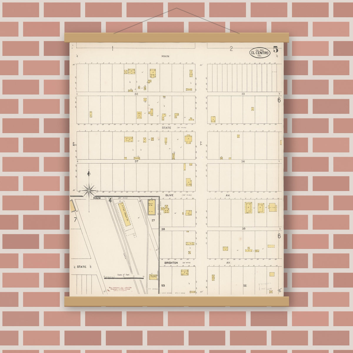 Old map wall art mockup — magnetic wood frame on brick wall — Sanborn Fire Insurance Map from El Centro, Imperial County, California (1910), Sheet #0005