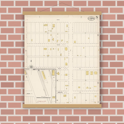 Old map wall art mockup — magnetic wood frame on brick wall — Sanborn Fire Insurance Map from El Centro, Imperial County, California (1910), Sheet #0005