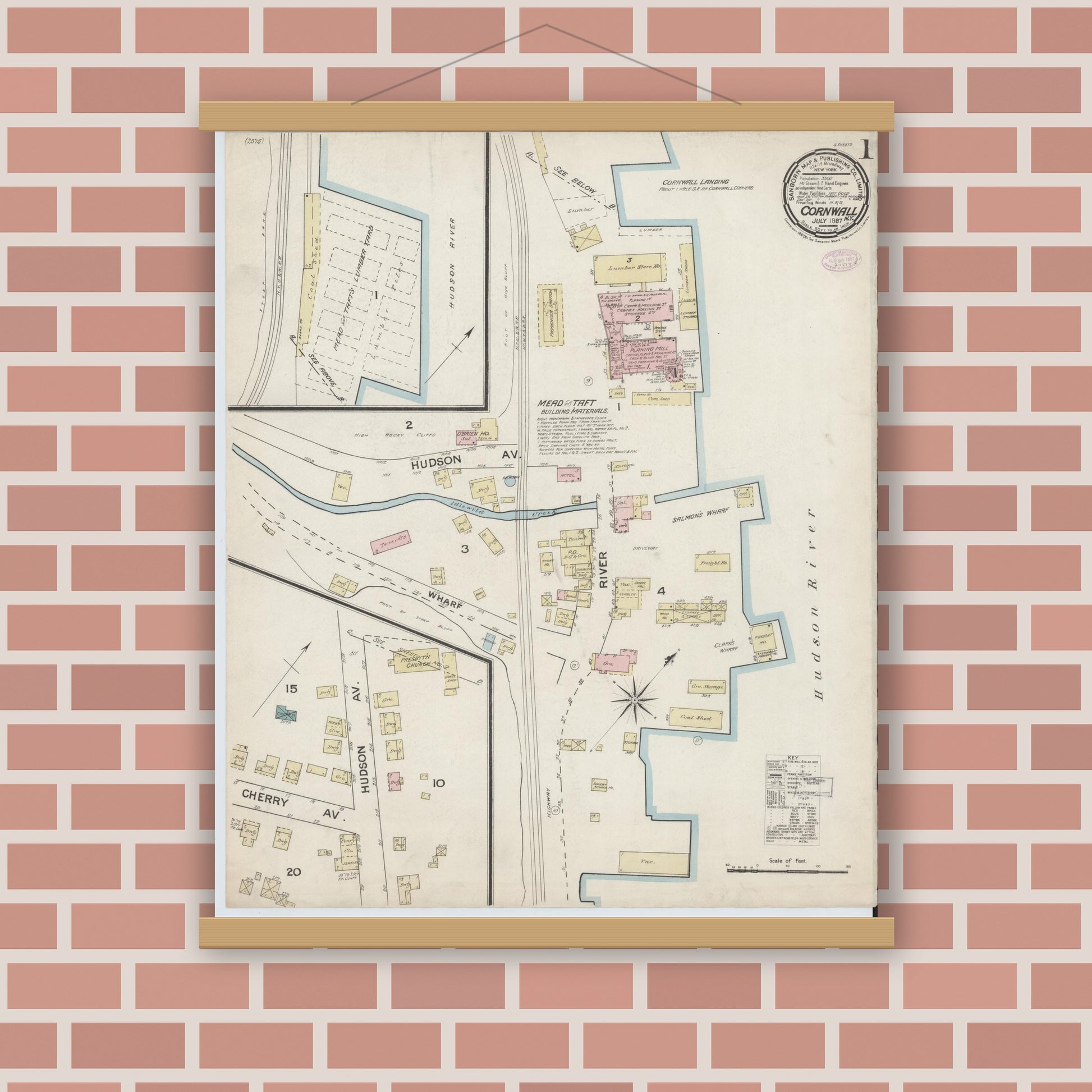 Old map wall art mockup — magnetic wood frame on brick wall — Sanborn Fire Insurance Map from Cornwall, Orange County, New York (1887) - Complete Map Set