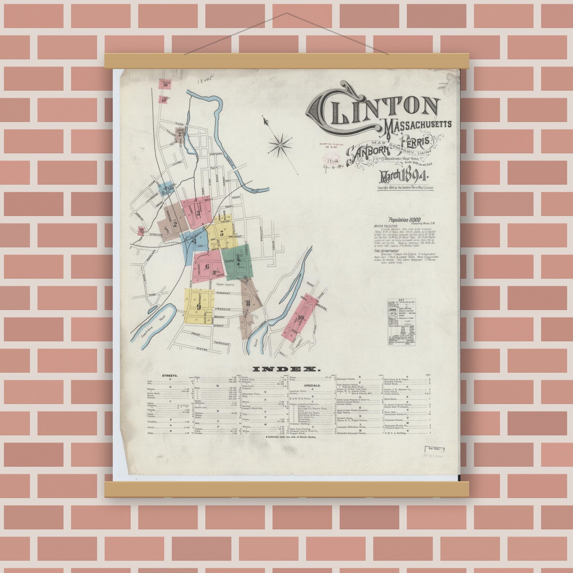 Old map wall art mockup — magnetic wood frame on brick wall — Sanborn Fire Insurance Map from Clinton, Worcester County, Massachusetts (1894) - Complete Map Set