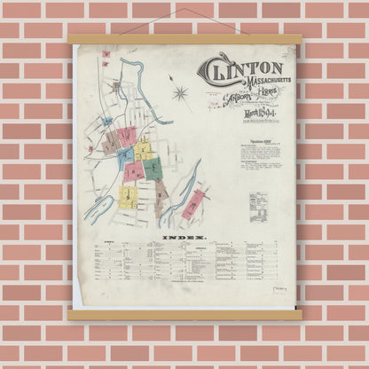 Old map wall art mockup — magnetic wood frame on brick wall — Sanborn Fire Insurance Map from Clinton, Worcester County, Massachusetts (1894) - Complete Map Set