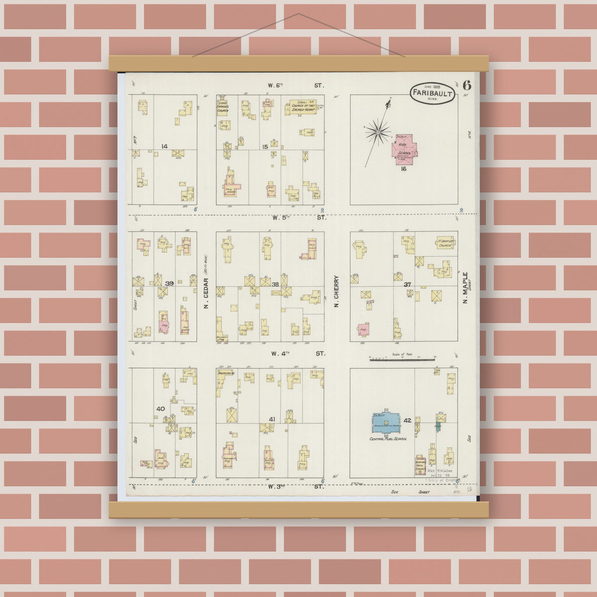 Old map wall art mockup — magnetic wood frame on brick wall — Sanborn Fire Insurance Map from Faribault, Rice County, Minnesota (1889), Sheet #0006