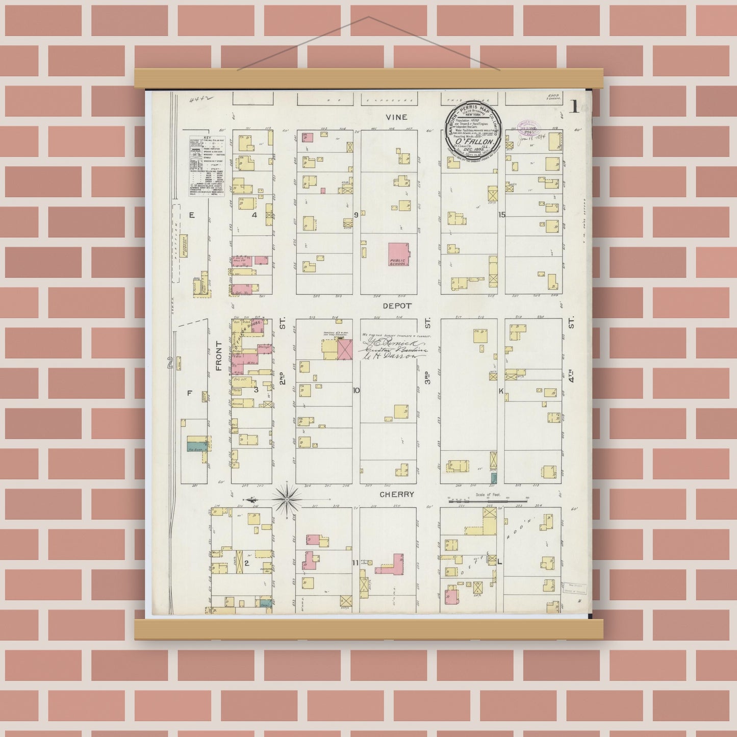 Old map wall art mockup — magnetic wood frame on brick wall — Sanborn Fire Insurance Map from O'Fallon, Saint Clair County, Illinois (1893), Sheet #0001