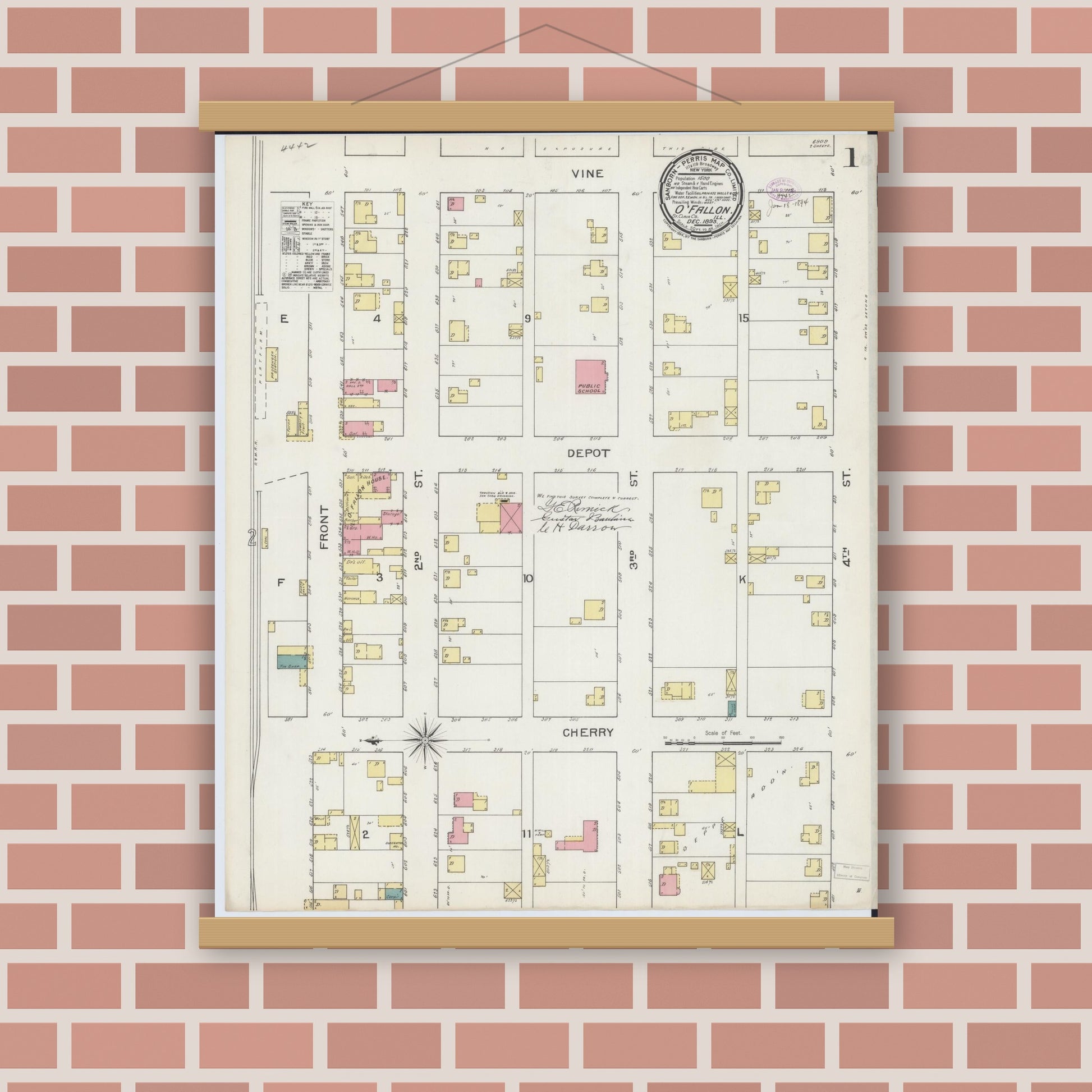 Old map wall art mockup — magnetic wood frame on brick wall — Sanborn Fire Insurance Map from O'Fallon, Saint Clair County, Illinois (1893), Sheet #0001
