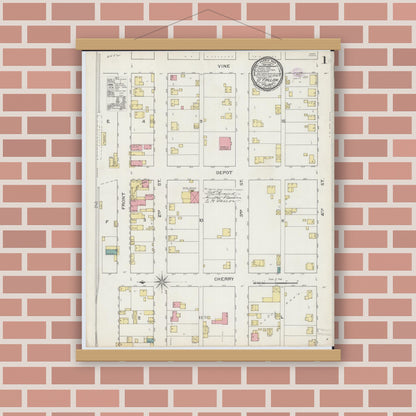 Old map wall art mockup — magnetic wood frame on brick wall — Sanborn Fire Insurance Map from O'Fallon, Saint Clair County, Illinois (1893), Sheet #0001