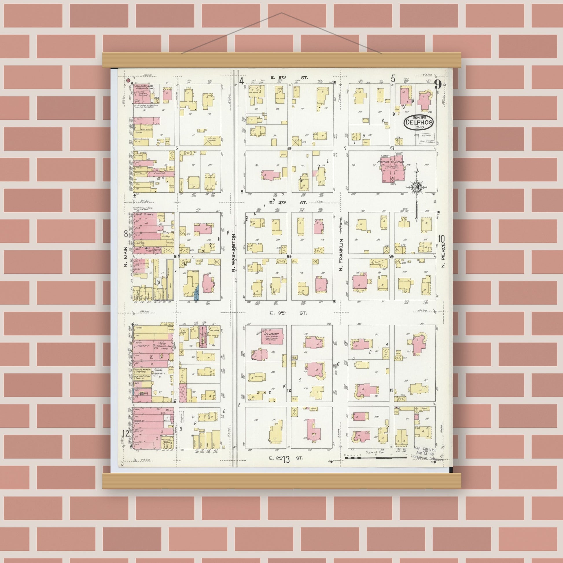 Old map wall art mockup — magnetic wood frame on brick wall — Sanborn Fire Insurance Map from Delphos, Van Wert And Allen Counties, Ohio (1911), Sheet #0009