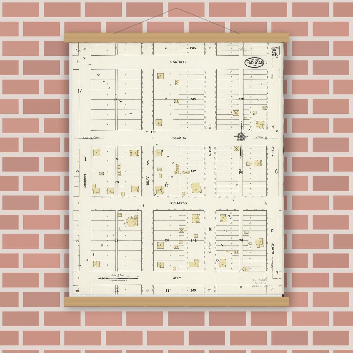 Old map wall art mockup — magnetic wood frame on brick wall — Sanborn Fire Insurance Map from Paducah, Cottle County, Texas (1921), Sheet #0005