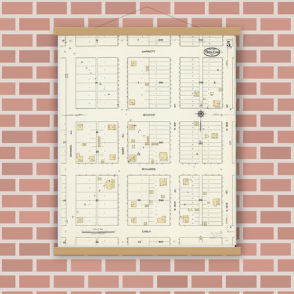Old map wall art mockup — magnetic wood frame on brick wall — Sanborn Fire Insurance Map from Paducah, Cottle County, Texas (1921), Sheet #0005
