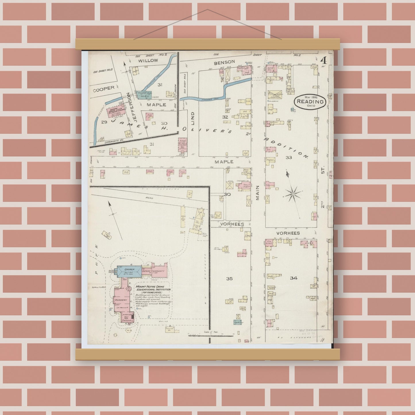 Old map wall art mockup — magnetic wood frame on brick wall — Sanborn Fire Insurance Map from Reading, Hamilton County, Ohio (1886), Sheet #0004