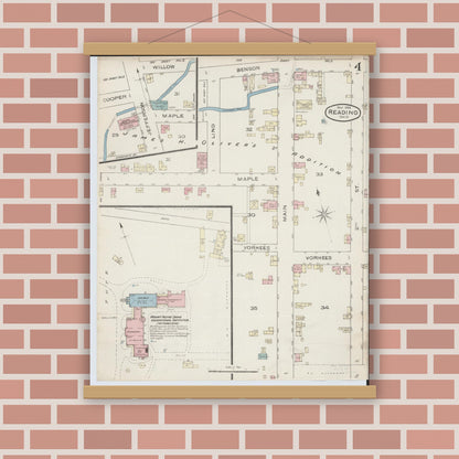 Old map wall art mockup — magnetic wood frame on brick wall — Sanborn Fire Insurance Map from Reading, Hamilton County, Ohio (1886), Sheet #0004