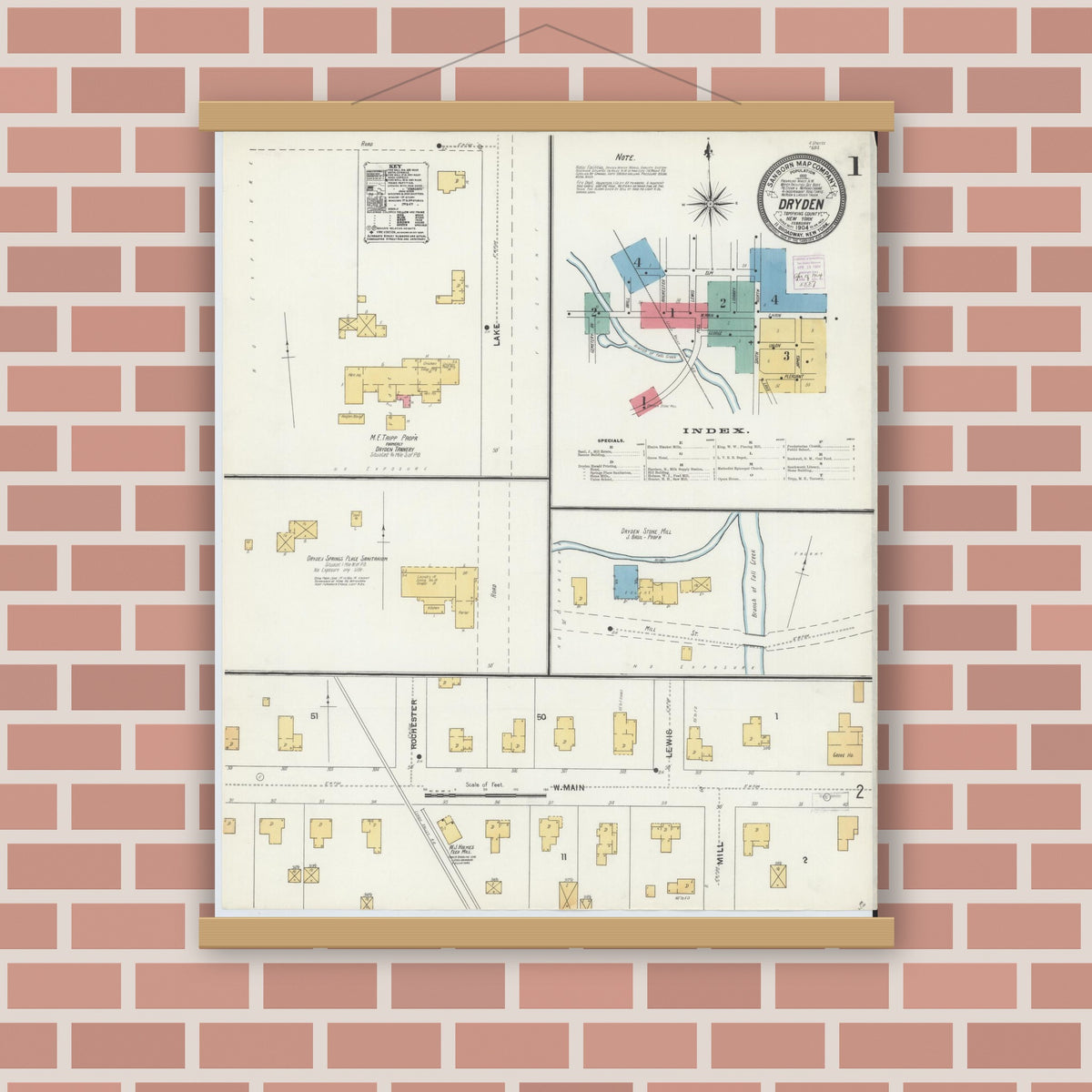 Old map wall art mockup — magnetic wood frame on brick wall — Sanborn Fire Insurance Map from Dryden, Tompkins County, New York (1904) - Complete Map Set