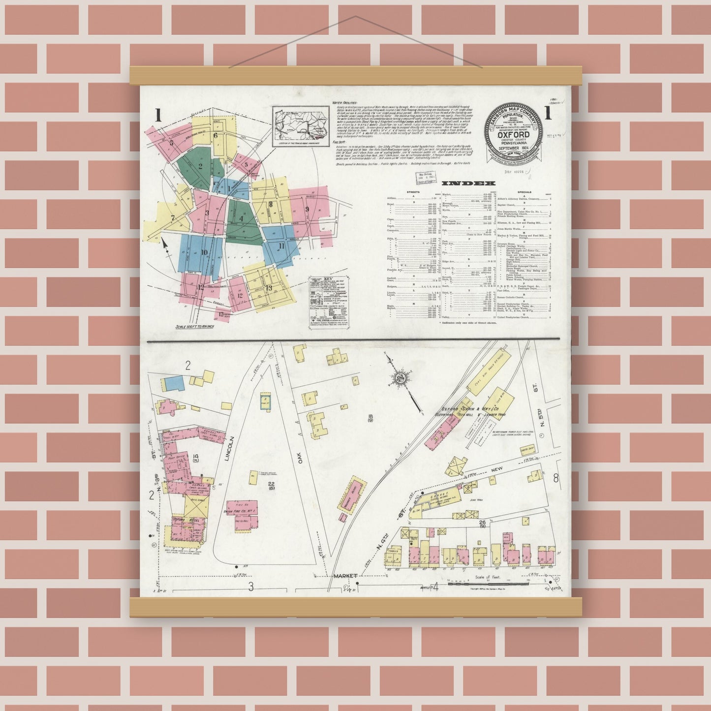 Old map wall art mockup — magnetic wood frame on brick wall — Sanborn Fire Insurance Map from Oxford, Chester County, Pennsylvania (1924), Sheet #0001