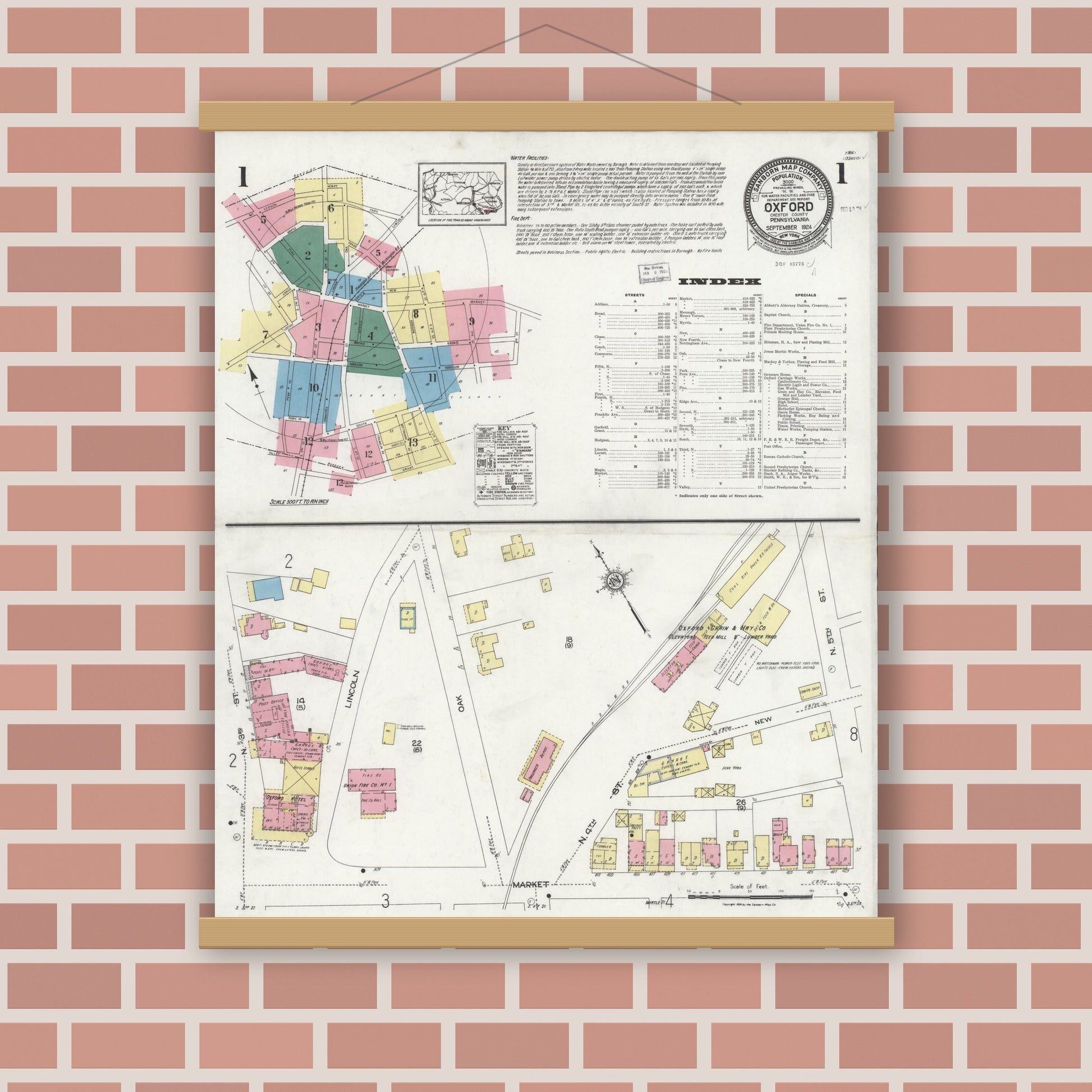 Old map wall art mockup — magnetic wood frame on brick wall — Sanborn Fire Insurance Map from Oxford, Chester County, Pennsylvania (1924), Sheet #0001
