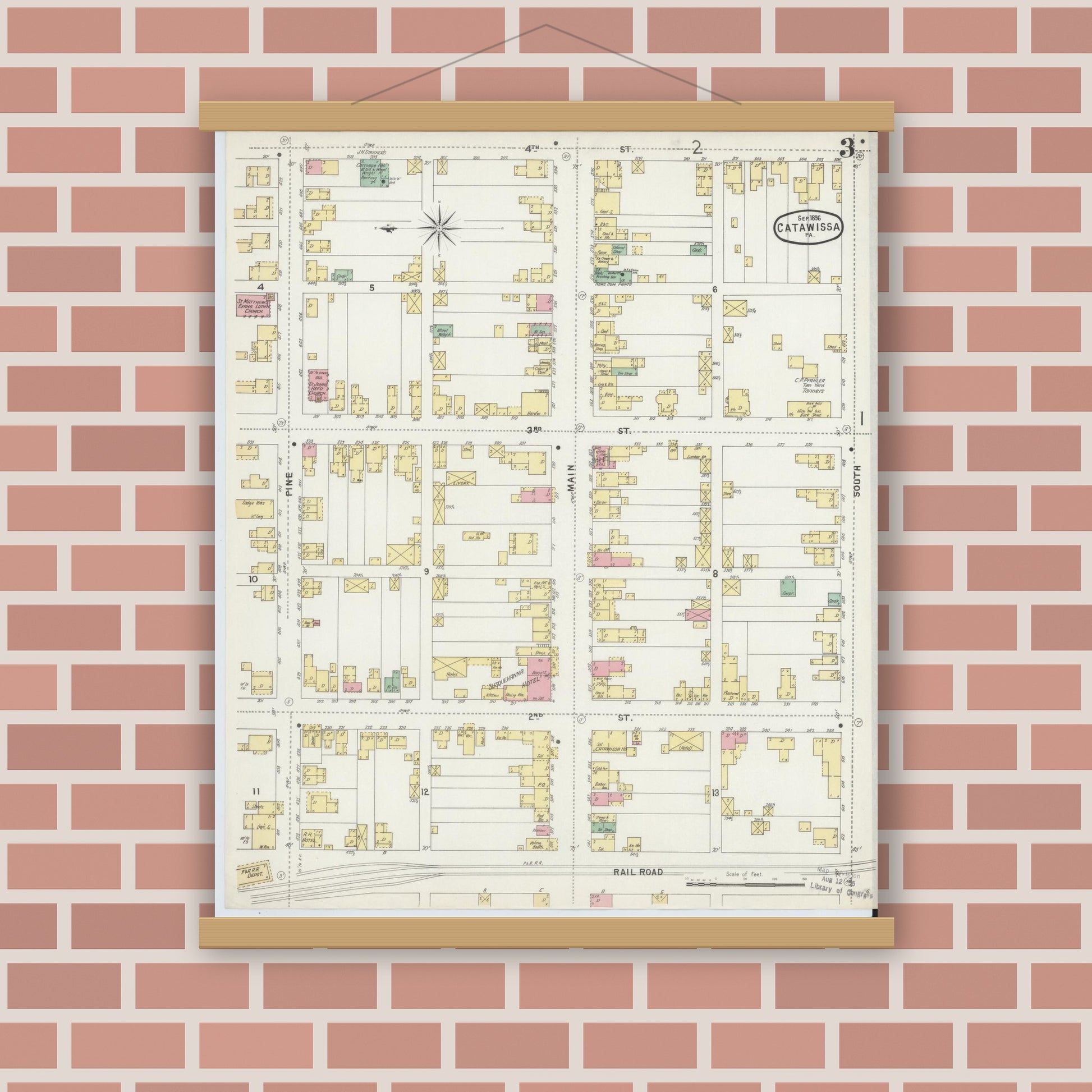 Old map wall art mockup — magnetic wood frame on brick wall — Sanborn Fire Insurance Map from Catawissa, Columbia County, Pennsylvania (1896), Sheet #0003