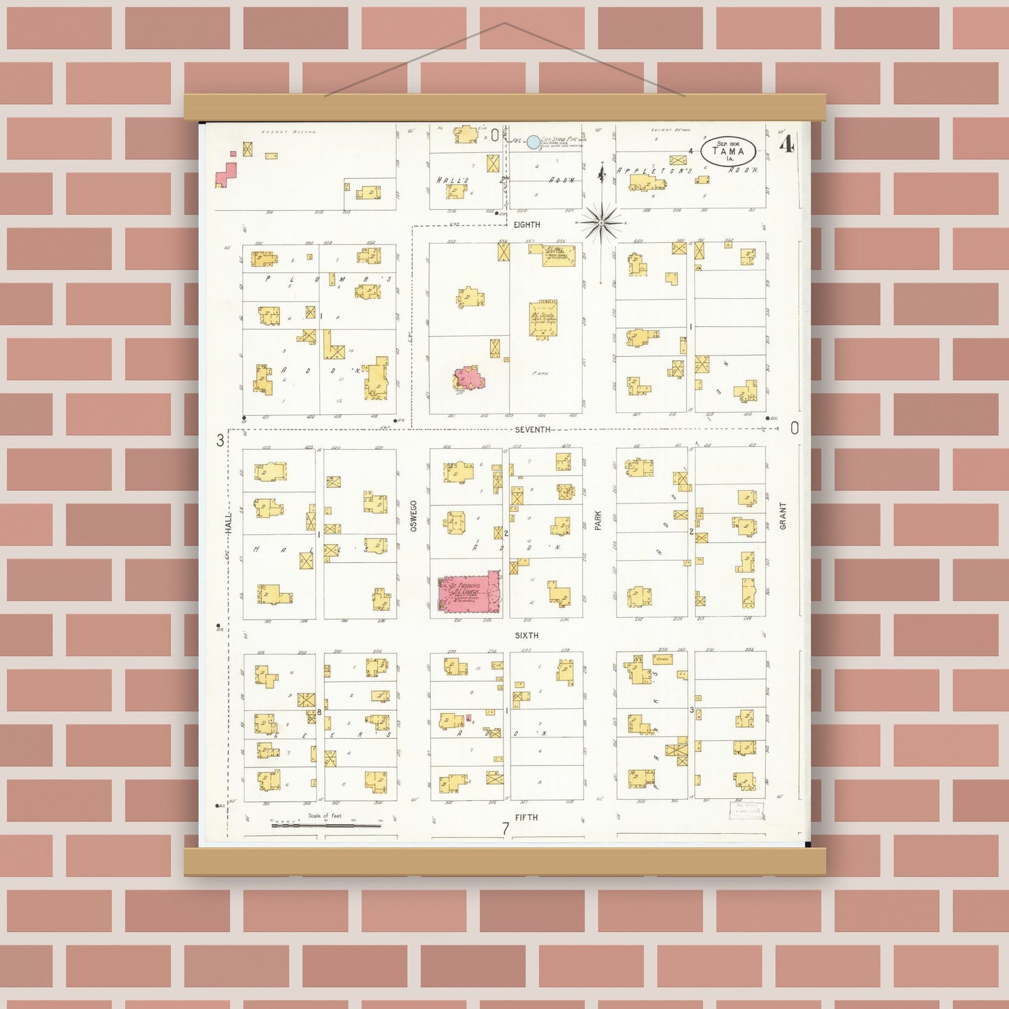 Old map wall art mockup — magnetic wood frame on brick wall — Sanborn Fire Insurance Map from Tama, Tama County, Iowa (1906), Sheet #0004