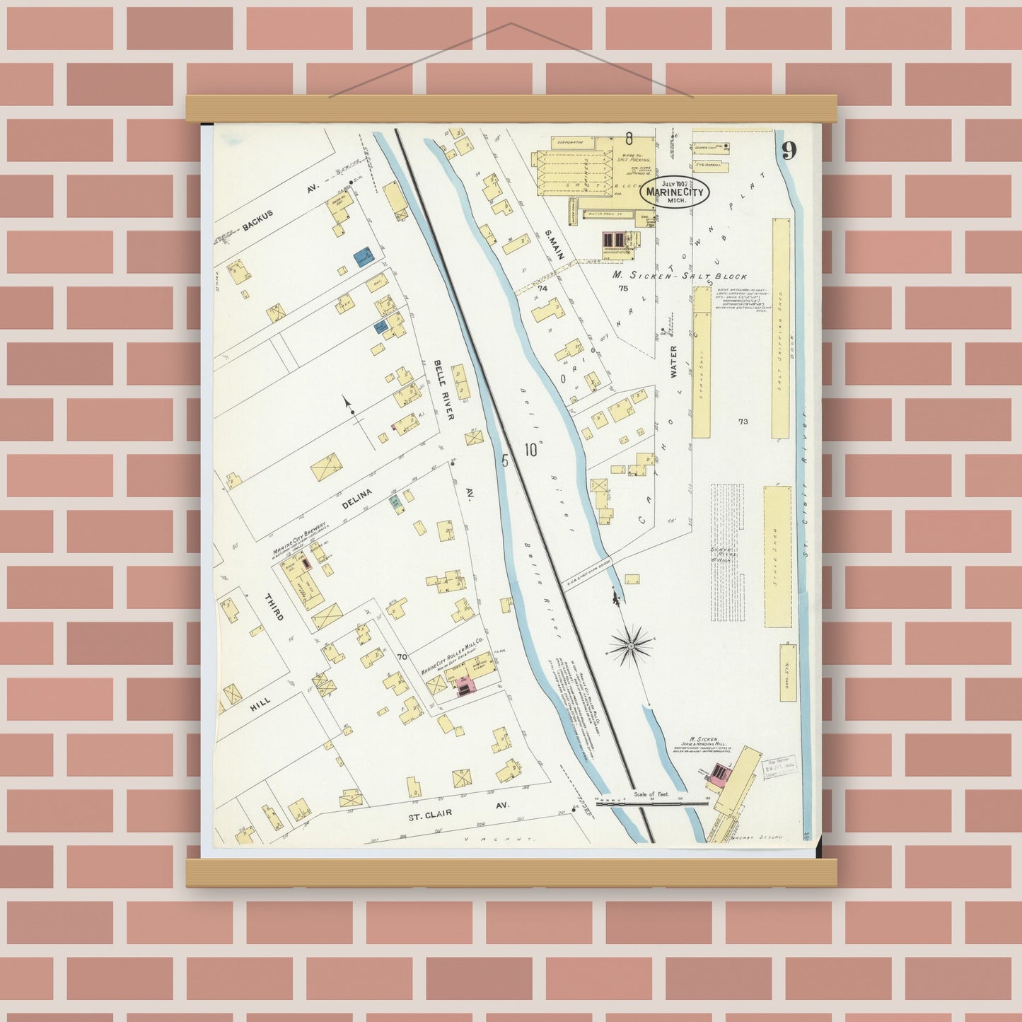 Old map wall art mockup — magnetic wood frame on brick wall — Sanborn Fire Insurance Map from Marine City, Saint Clair County, Michigan (1907), Sheet #0009