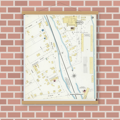 Old map wall art mockup — magnetic wood frame on brick wall — Sanborn Fire Insurance Map from Marine City, Saint Clair County, Michigan (1907), Sheet #0009