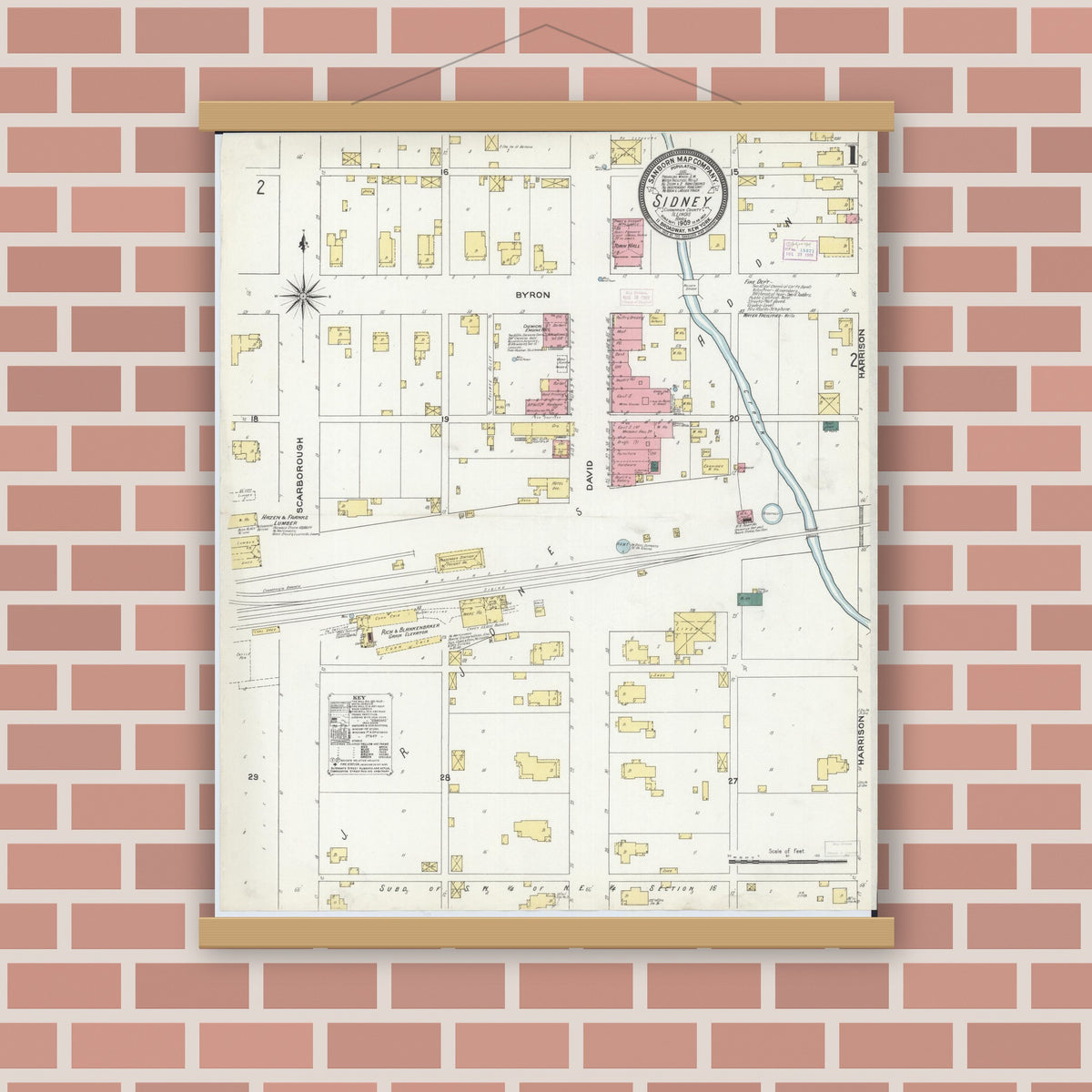 Old map wall art mockup — magnetic wood frame on brick wall — Sanborn Fire Insurance Map from Sidney, Champaign County, Illinois (1909) - Complete Map Set