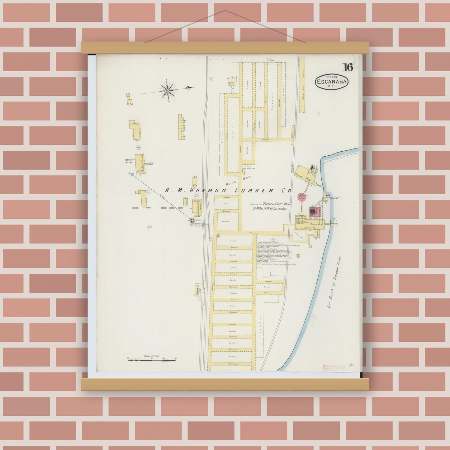 Old map wall art mockup — magnetic wood frame on brick wall — Sanborn Fire Insurance Map from Escanaba, Delta County, Michigan (1893), Sheet #0016