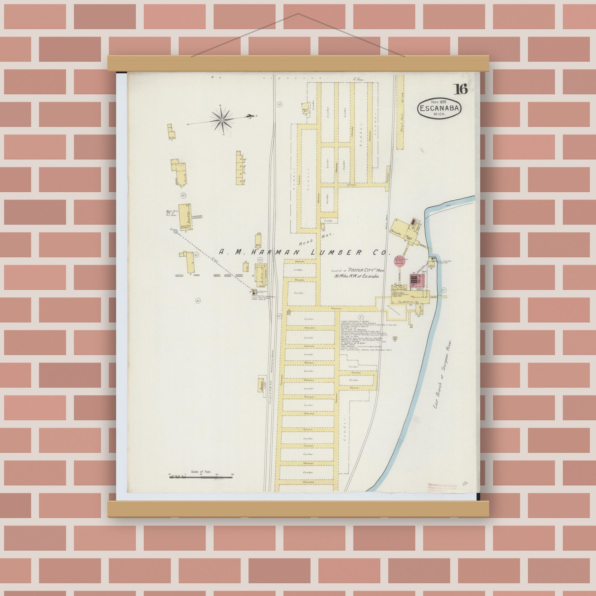 Old map wall art mockup — magnetic wood frame on brick wall — Sanborn Fire Insurance Map from Escanaba, Delta County, Michigan (1893), Sheet #0016