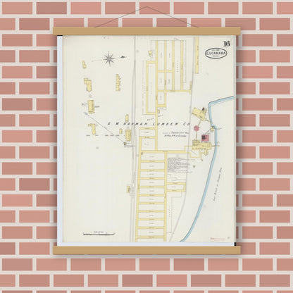 Old map wall art mockup — magnetic wood frame on brick wall — Sanborn Fire Insurance Map from Escanaba, Delta County, Michigan (1893), Sheet #0016
