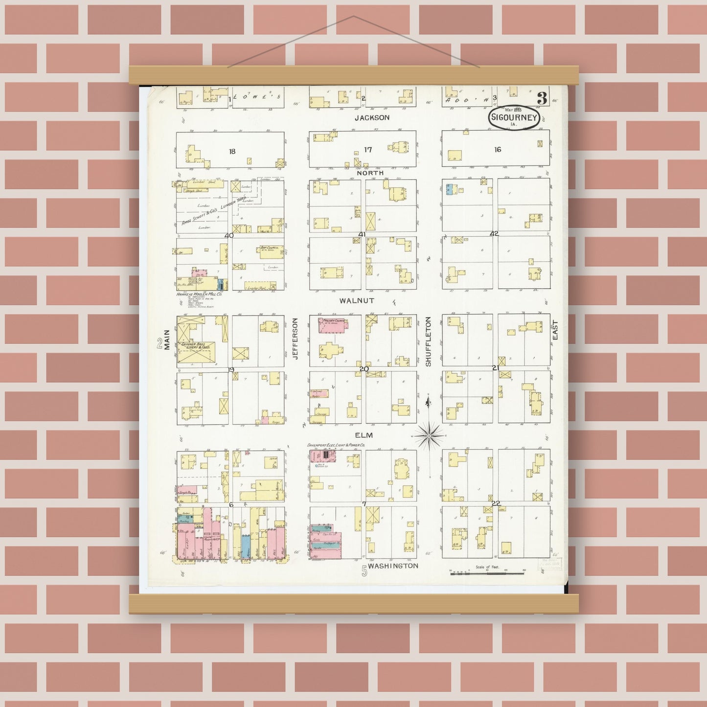 Old map wall art mockup — magnetic wood frame on brick wall — Sanborn Fire Insurance Map from Sigourney, Kiokuk County, Iowa (1893), Sheet #0003
