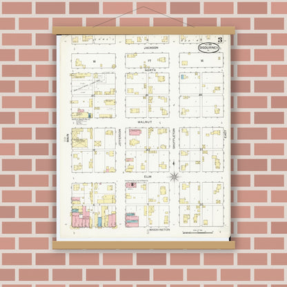 Old map wall art mockup — magnetic wood frame on brick wall — Sanborn Fire Insurance Map from Sigourney, Kiokuk County, Iowa (1893), Sheet #0003