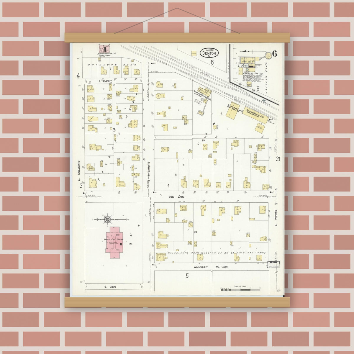 Old map wall art mockup — magnetic wood frame on brick wall — Sanborn Fire Insurance Map from Denton, Denton County, Texas (1912), Sheet #0006