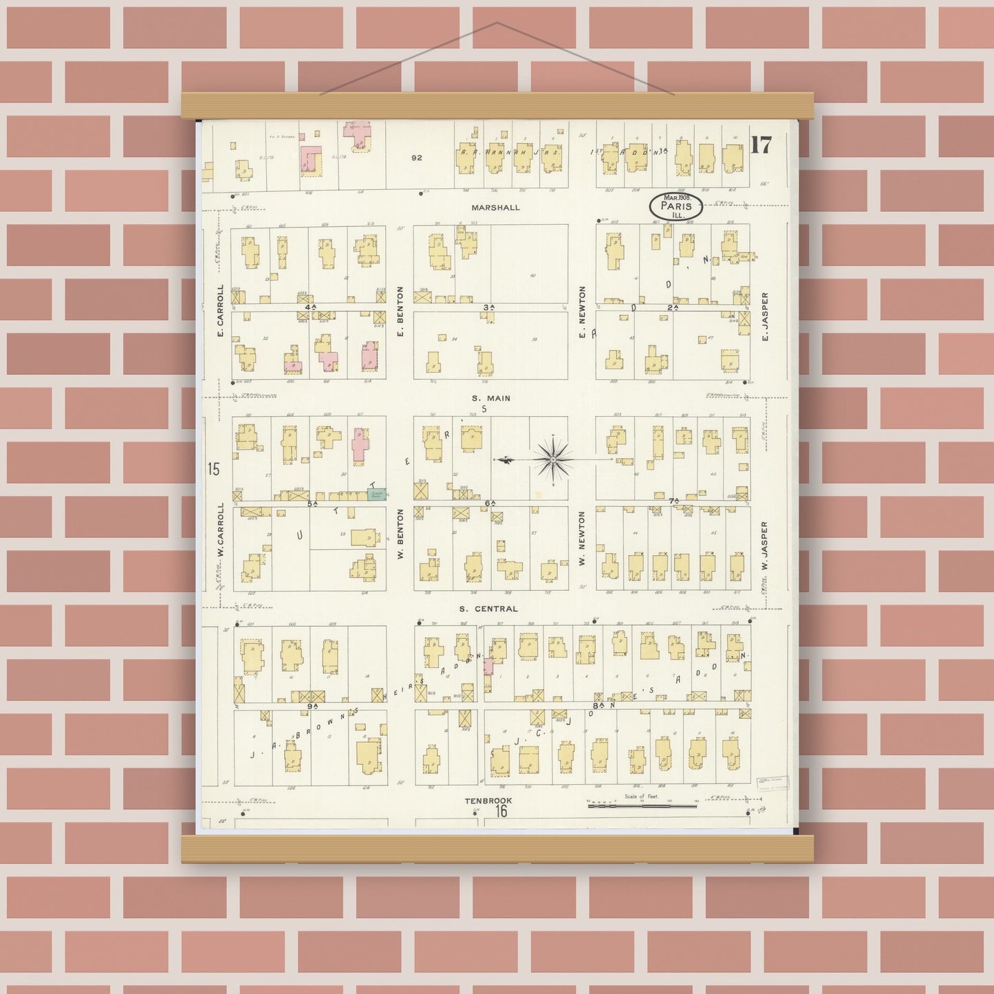Old map wall art mockup — magnetic wood frame on brick wall — Sanborn Fire Insurance Map from Paris, Edgar County, Illinois (1908), Sheet #0017