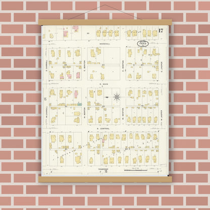 Old map wall art mockup — magnetic wood frame on brick wall — Sanborn Fire Insurance Map from Paris, Edgar County, Illinois (1908), Sheet #0017