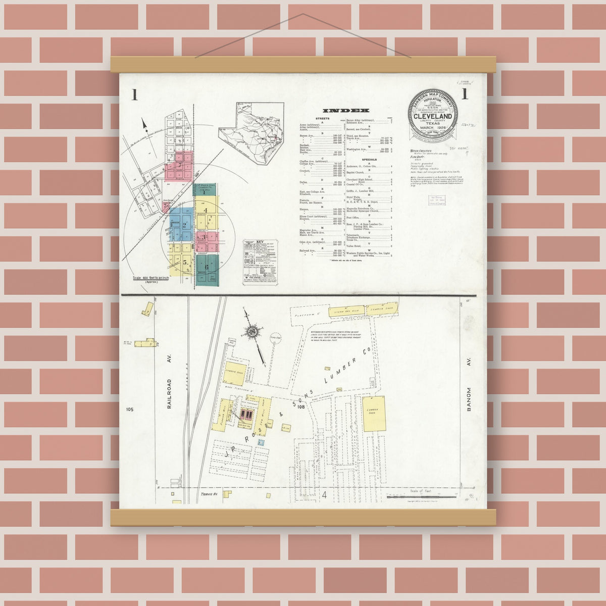 Old map wall art mockup — magnetic wood frame on brick wall — Sanborn Fire Insurance Map from Cleveland, Liberty County, Texas (1926) - Complete Map Set