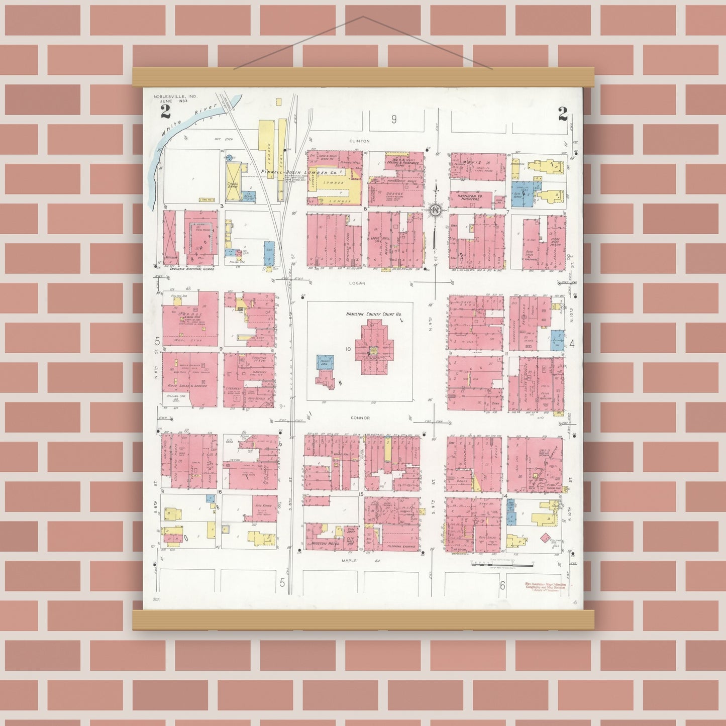 Old map wall art mockup — magnetic wood frame on brick wall — Sanborn Fire Insurance Map from Noblesville, Hamilton County, Indiana (1933), Sheet #0002